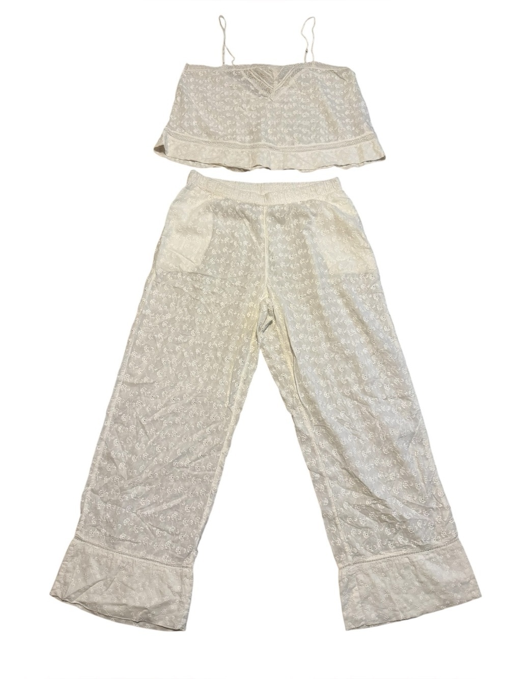 Anthropologie White Eyelet Cotton Pants and Tank Matching Set Size Medium